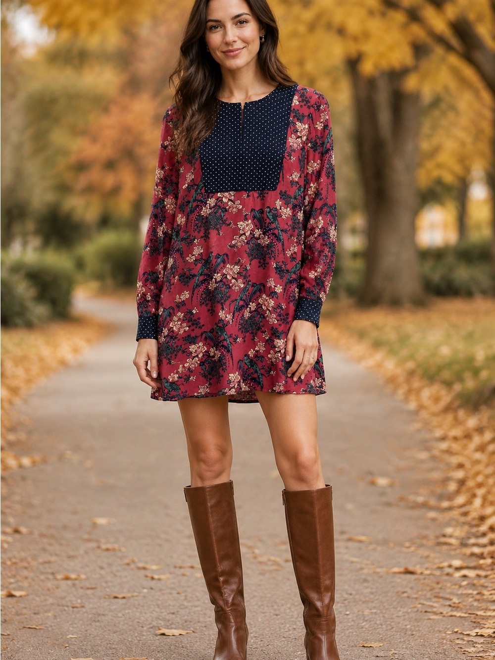 Maeve Anthropologie Floral Viscose Dress with Navy Polka Dot Bib and Cuffs